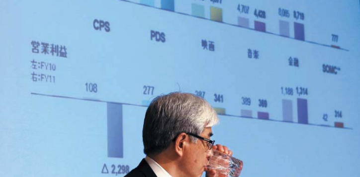 소니 최고재무책임자(CFO) 가토 마사루가 마이너스 영업이익이 표시된 스크린 앞에서 물을 마시는 모습
